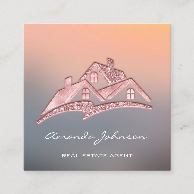 Custom Logo House Real Estate Agent Home Grey Rose Square Business Card (Front)