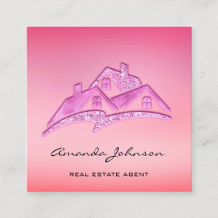 Custom Logo House Real Estate Agent Home Pink Glam Square Business Card