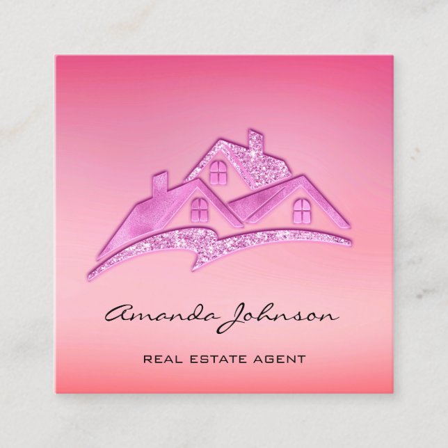 Custom Logo House Real Estate Agent Home Pink Glam Square Business Card (Front)