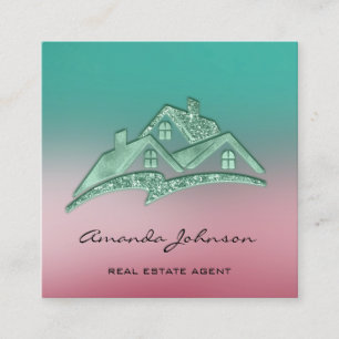 Custom Logo House Real Estate Agent Home Pink Teal Square Business Card