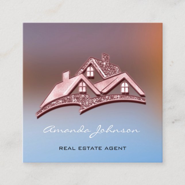 Custom Logo House Real Estate Agent Home Rose Glam Square Business Card (Front)