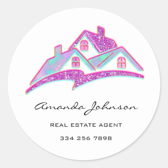 Custom Logo House Real Estate Agent Pink Blue Classic Round Sticker (Front)