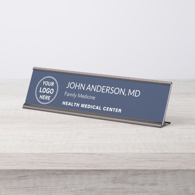 Custom Logo Medical Healthcare Clinic Doctor Navy Desk Name Plate (Front)