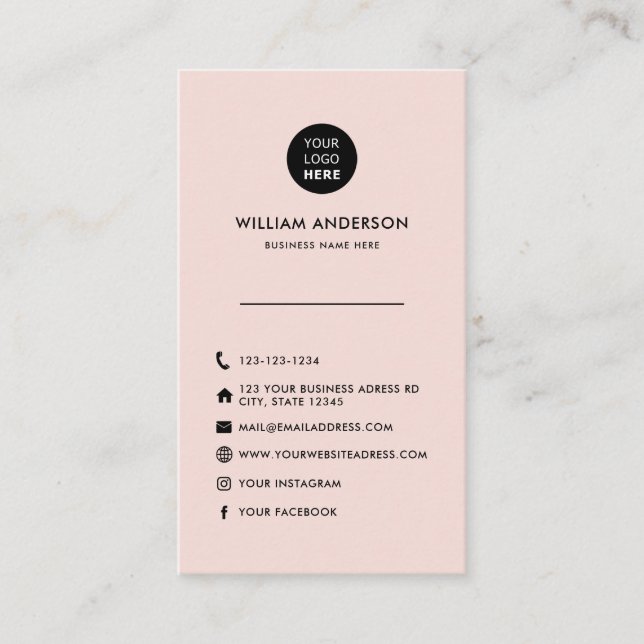 Custom Logo Minimal Blush Pink Social Media Business Card (Front)
