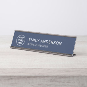 Custom Logo Minimal Business Corporate Navy Blue Desk Name Plate