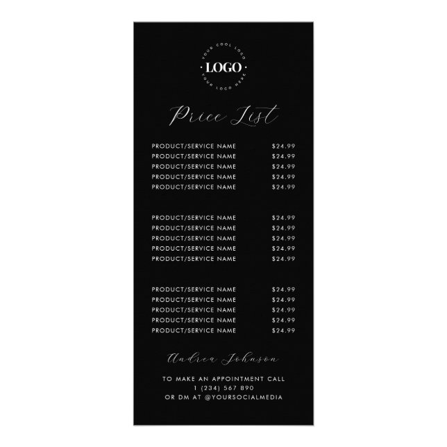 Custom Logo Minimalist Black Script Price List Rack Card (Front)