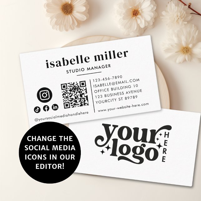 Custom Logo Modern Minimal Social Media Icons QR Business Card (Creator Uploaded)
