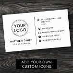 Custom logo modern minimalist social media icons business card<br><div class="desc">White or custom colour,  modern,  elegant and professional business card design with template fields for name,  company name/title,  logo (photo or other graphic) and contact information including custom icons. Only upload icons you have a right to use. Change background colour,  move and resize elements with the customisation tool.</div>