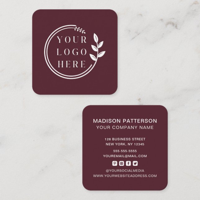 Custom Logo Modern Minimalist Social Media Icons Square Business Card (Front/Back)