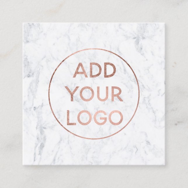 Custom logo modern rose gold chic white marble square business card (Front)