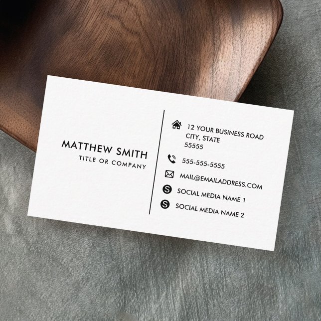 Custom logo modern white social media icons business card (White, professional business cards with icons and your custom logo)
