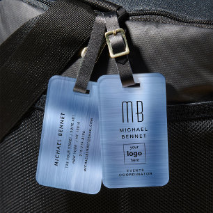Custom Logo Monogrammed Blue Brushed Metal Luggage Tag
