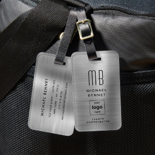Custom Logo Monogrammed Silver Grey Brushed Metal Luggage Tag