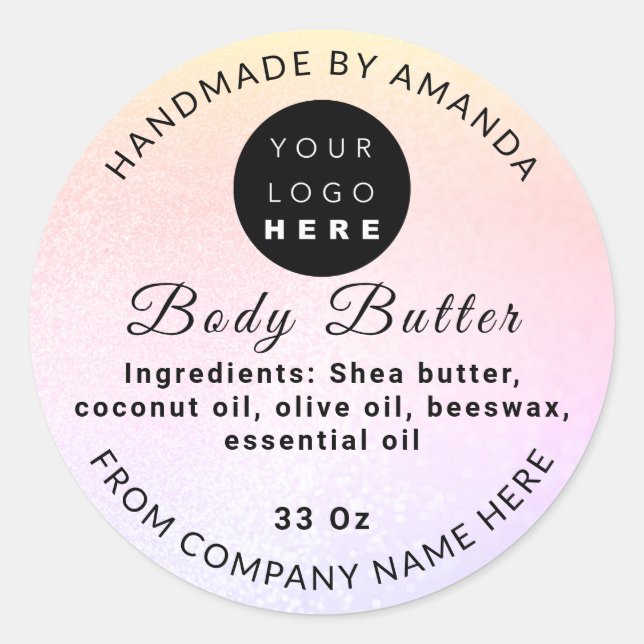 Custom Logo Name BodyButter Cosmetics Light Pink Classic Round Sticker (Front)