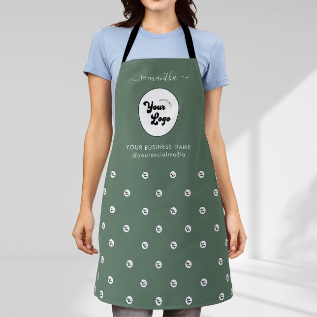 Custom Logo & Name Business Salon Staff Sage Green Apron (Creator Uploaded)