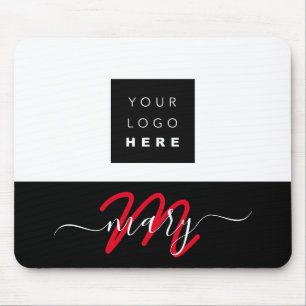 Custom Logo Name Monogram Black White Red Mouse Pad