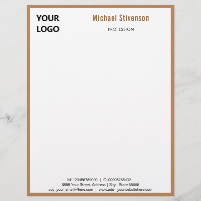 Custom Logo Name Profession Address Gold Framed  Letterhead (Front)