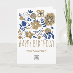 Custom Logo Navy Blue Gold Flowers Happy Birthday Card