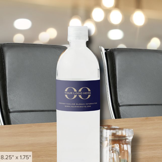 Custom Logo Navy Blue Gold Typography Water Bottle Label (Creator Uploaded)