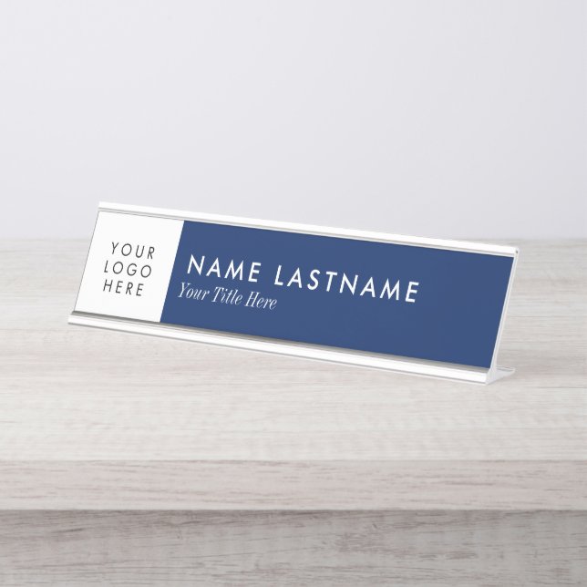 Custom Logo Navy Blue White Desk Nameplate (Front)