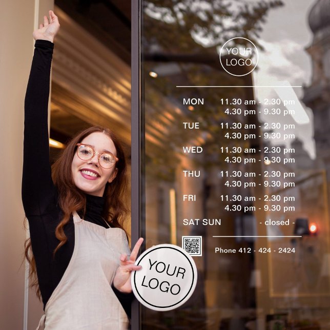 Custom Logo Opening Hours With Break QR Code (Professional corporate window cling template with your logo and business hours of operation.)