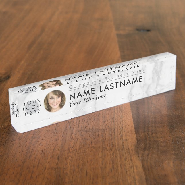 Custom Logo Photo Grey White Marble Professional Nameplate (Side)