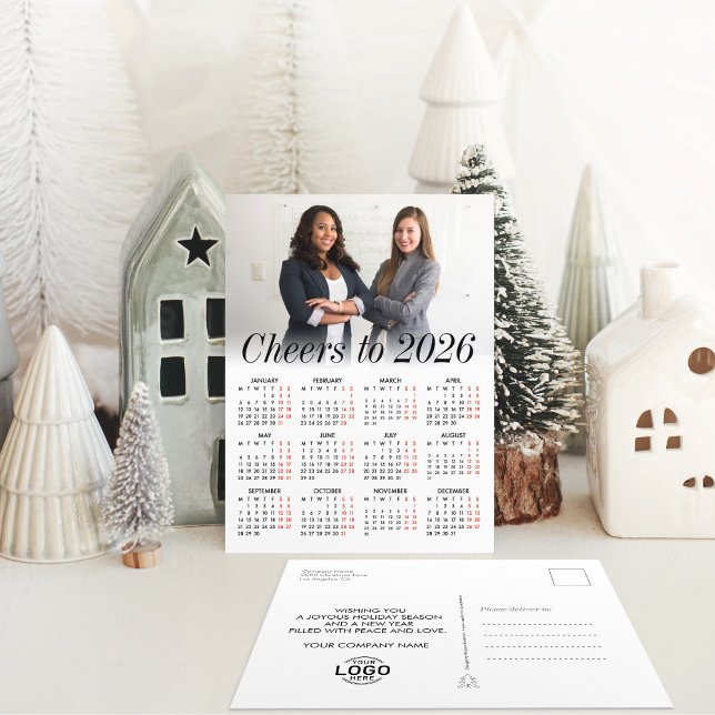 Custom Logo Photo Minimal Calendar 2026 Business Holiday Postcard (Creator Uploaded)