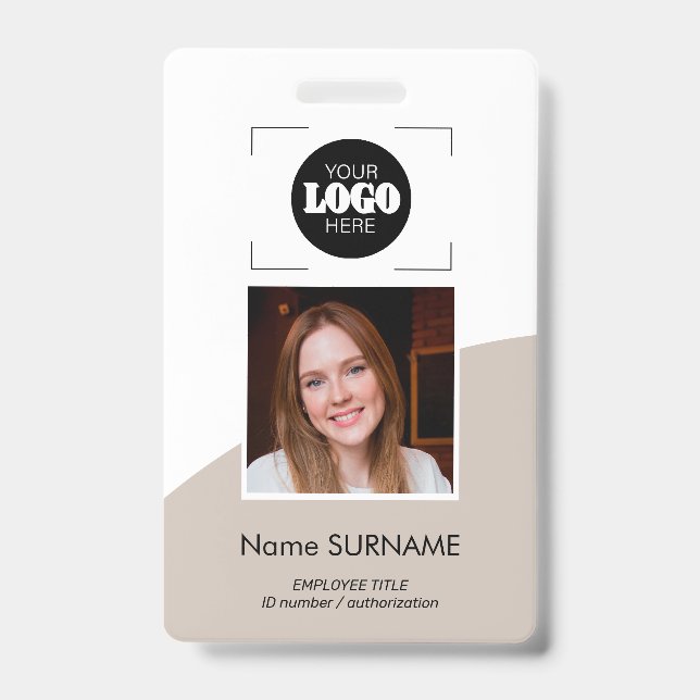 Custom logo photo QR code beige white ID Badge (Front)