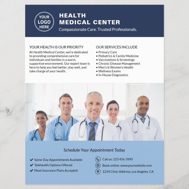 Custom Logo Photo QR Healthcare Clinic Doctor Blue Flyer (Front)