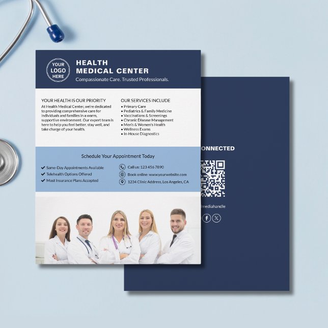 Custom Logo Photo QR Healthcare Clinic Doctor Flyer (Modern Healthcare Clinic Doctor Template Logo QR Flyer)