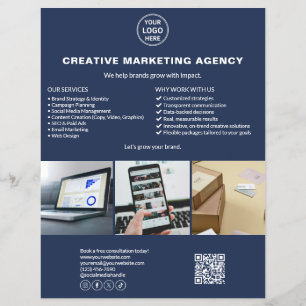 Custom Logo Photo QR Navy Blue Marketing Business Flyer