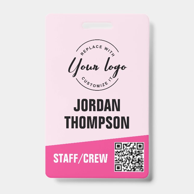 Custom logo pink corporate event QR code ID Badge (Front)