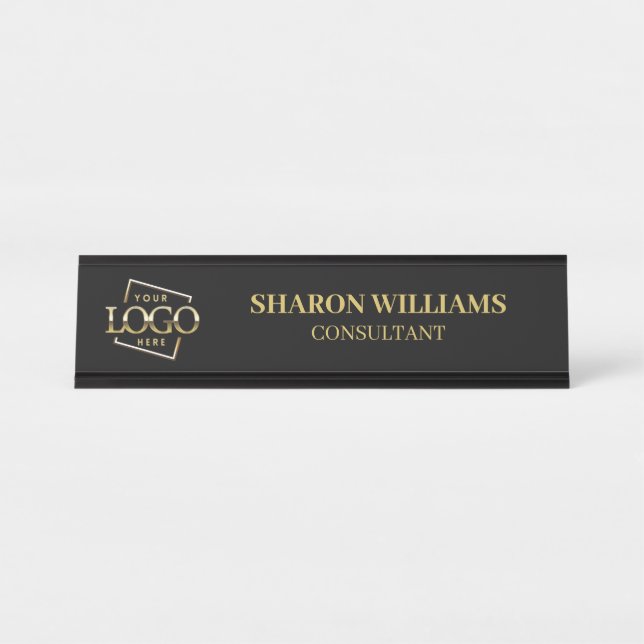 Custom Logo | Professional  Black Gold Minimalist Desk Name Plate (Front)