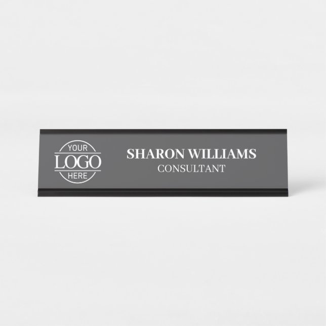 Custom Logo | Professional Dark Grey Minimalist Desk Name Plate (Front)