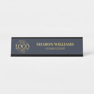 Custom Logo   Professional  Navy Blue Minimalist Desk Name Plate