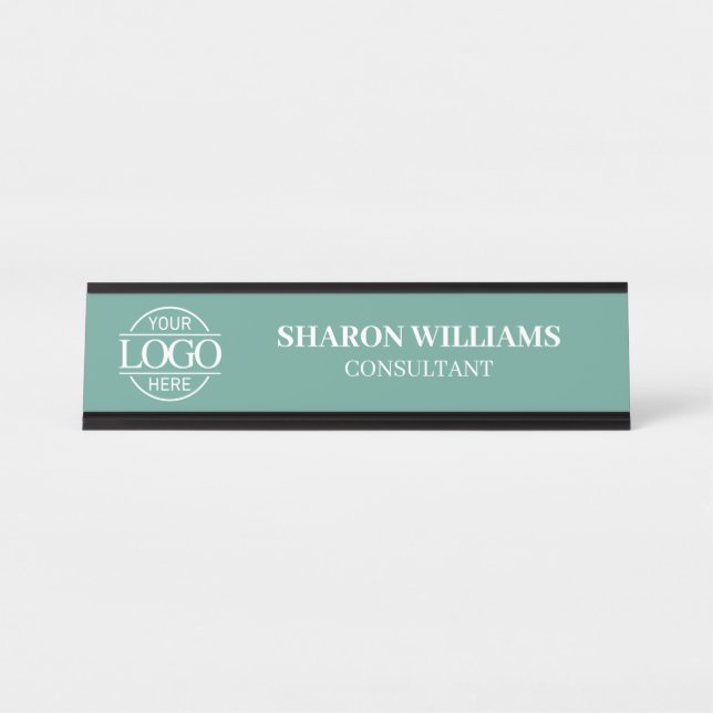 Custom Logo | Professional Teal Green Minimalist Desk Name Plate (Front)