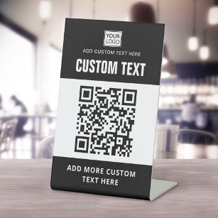 Custom logo, QR code and text black and white Pedestal Sign