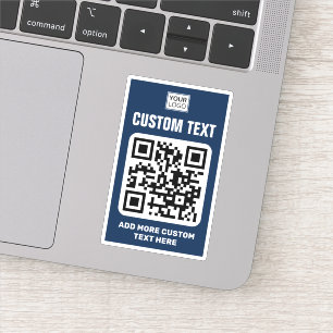 Custom logo, QR code and text dark blue and white