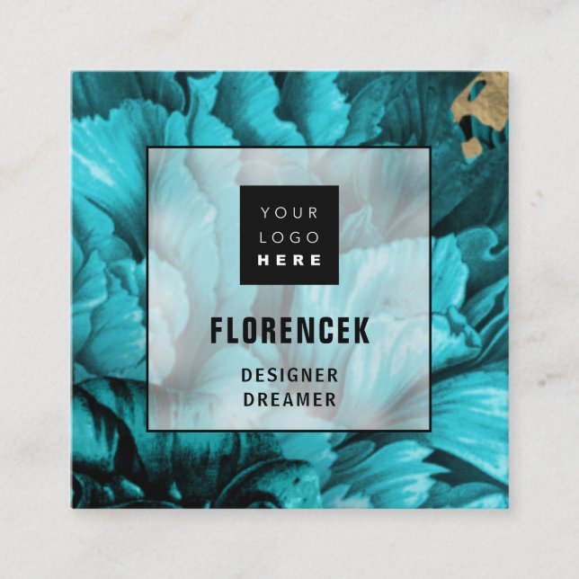 Custom Logo QR CODE Beautique  Floral Teal Blue Square Business Card (Front)