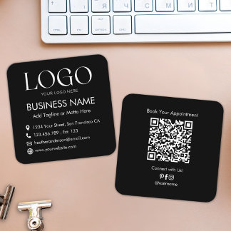 Custom Logo QR Code Modern Minimalist Black White Square Business Card
