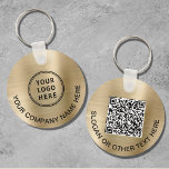Custom Logo QR Code Promotional Gold Key Ring<br><div class="desc">Simple modern promotional keychain for your company or organisation with a brushed gold faux metallic background. Add your logo,  input your website's URL address to create a scannable QR code and add two lines of custom text,  such as your company name,  business slogan,  thank you,  etc.</div>