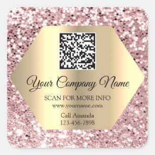 Custom Logo QR Code Promotional Gold Pink Rose Square Sticker