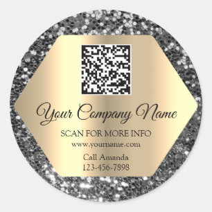 Custom Logo QR Code Promotional Grey Glitter  Classic Round Sticker