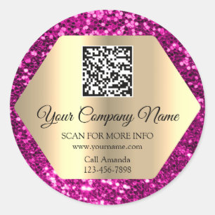 Custom Logo QR Code Promotional Insert Pink Glitte Classic Round Sticker