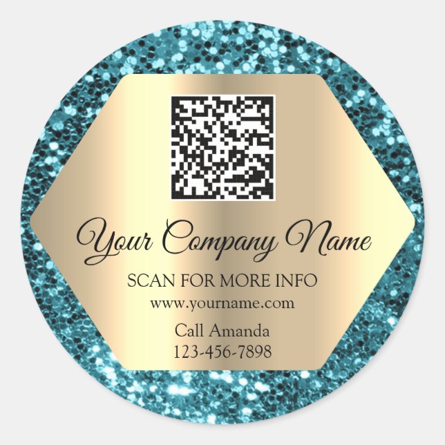 Custom Logo QR Code Promotional Teal Glitter Classic Round Sticker (Front)
