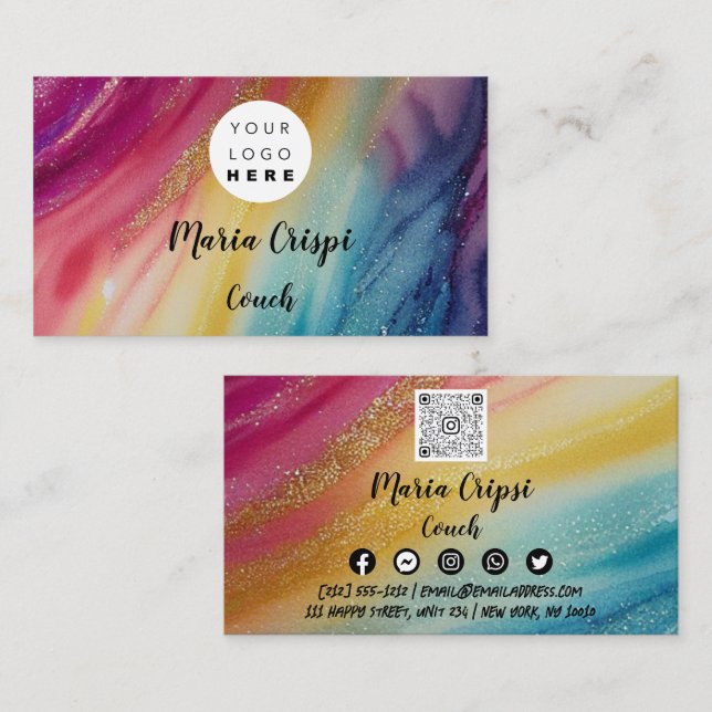 Custom Logo QR Code Rainbow Gold Social Media Business Card (Front/Back)