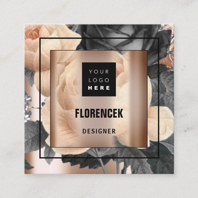Custom Logo QR CODE Rose Gold Frame Floral Elegant Square Business Card (Front)