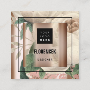 Custom Logo QR CODE Rose Gold Frame Floral Green Square Business Card