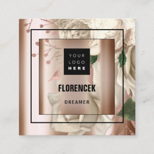 Custom Logo QR CODE Rose Gold Frame FLowers Square Business Card