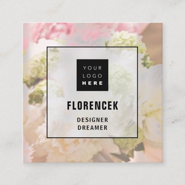 Custom Logo QR CODE Silver Floral Peach Frame Square Business Card (Front)